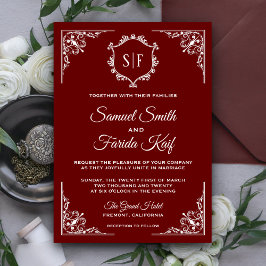 Classy Mörk Red Ornate Monogram bröllopsinbjudan Inbjudningar