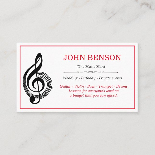 Classy Music Teacher Black Treble Clef med Notes Visitkort (Framsida)