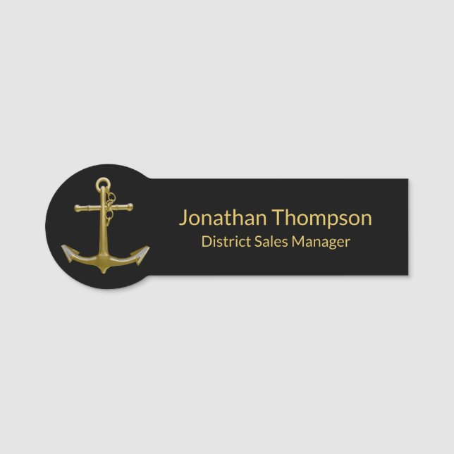 Classy Nautical Guld Anchor på Black Namnbricka (Framsida)