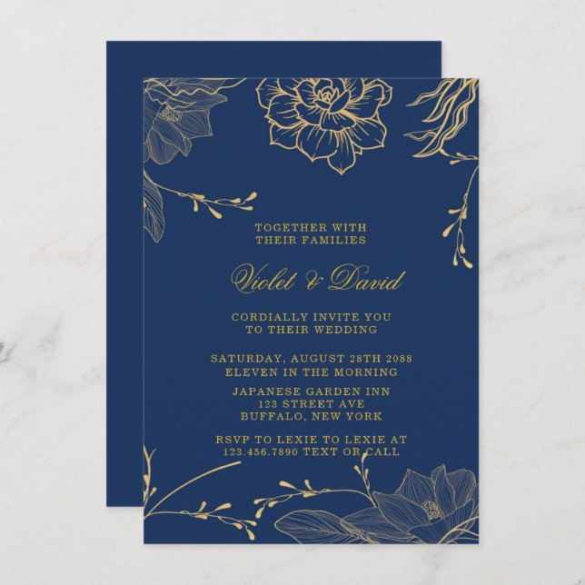 Classy Navy Blue and Guld Blommigt Bröllop inbjuat Inbjudningar (Fram/baksida)