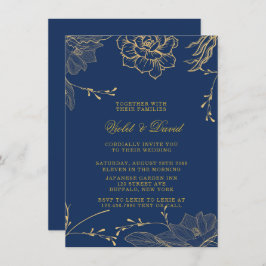 Classy Navy Blue and Guld Blommigt Bröllop inbjuat Inbjudningar