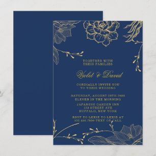 Classy Navy Blue and Guld Blommigt Bröllop inbjuat Inbjudningar