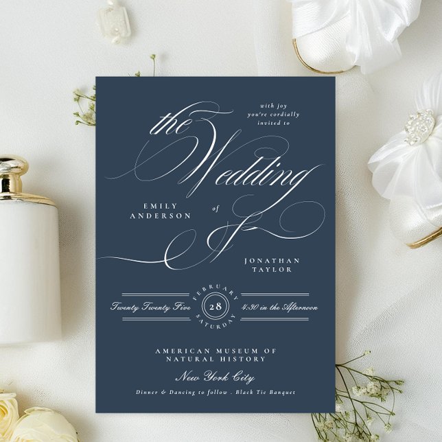 Classy Navy Blue Elegant Calligraphy Wedding Inbjudningar (Skapare uppladdad)