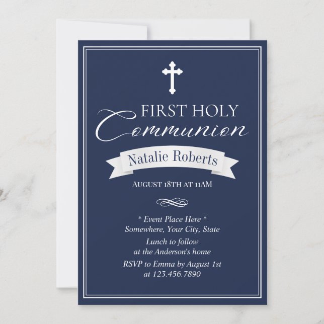 Classy Navy Blue First Heliga Communion Inbjudningar (Framsida)
