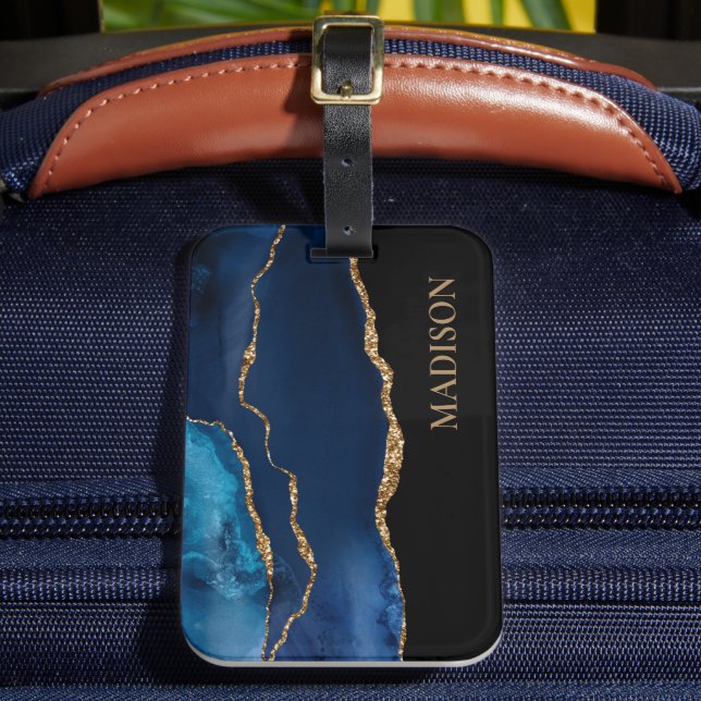 Classy Navy Blue Guld Glitter Black Namn Bagagebricka (Framsida Insitu 2)