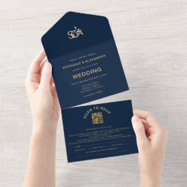 Classy Navy Blue Guld Monogram QR-kod Bröllop