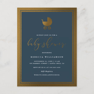 Classy Navy Blue & Guld Pram Boy Shower Inbjudan Vykort
