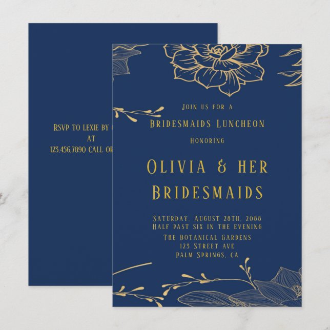 Classy Navy Blue Guld Rachel Bridesmaids Luncheon Inbjudningar (Fram/baksida)