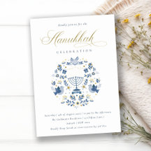 Classy Navy Blue Hanukkah Blommigt Party Inbjudan