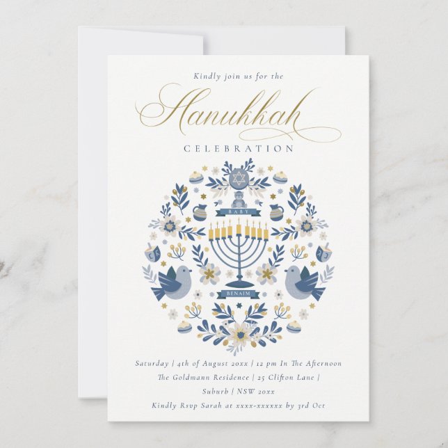 Classy Navy Blue Hanukkah Floral Party Julkort (Framsida)