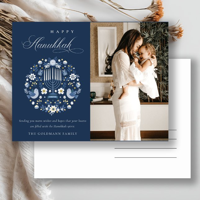 Classy Navy Blue Lycklig Hanukkah 1 Photo Blommigt Helg Vykort (Skapare uppladdad)