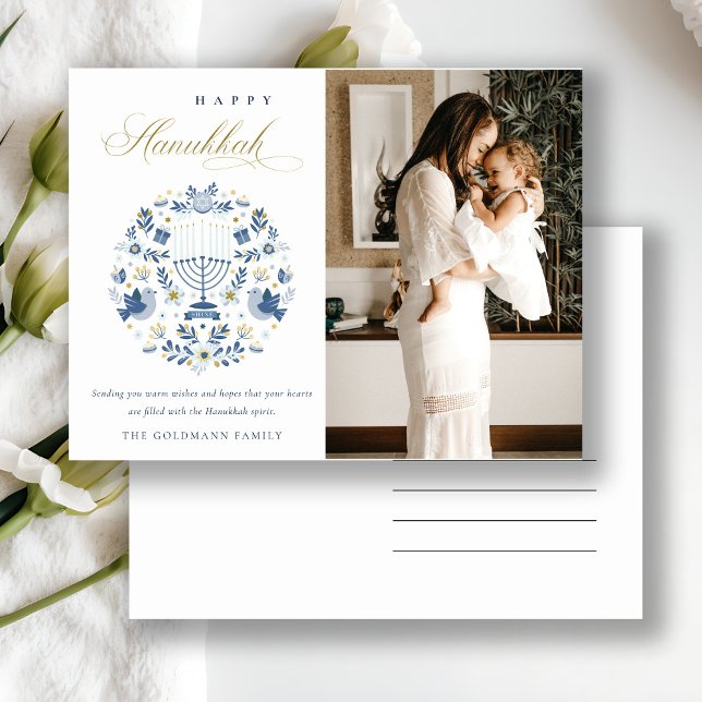 Classy Navy Blue Lycklig Hanukkah 1 Photo Blommigt Helg Vykort (Skapare uppladdad)