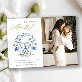 Classy Navy Blue Lycklig Hanukkah 1 Photo Blommigt Julkort