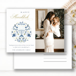 Classy Navy Blue Lycklig Hanukkah 1 Photo Blommigt Vykort