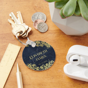 Classy Navy Blue och Guld Boho Swirls Bröllop Nyckelring