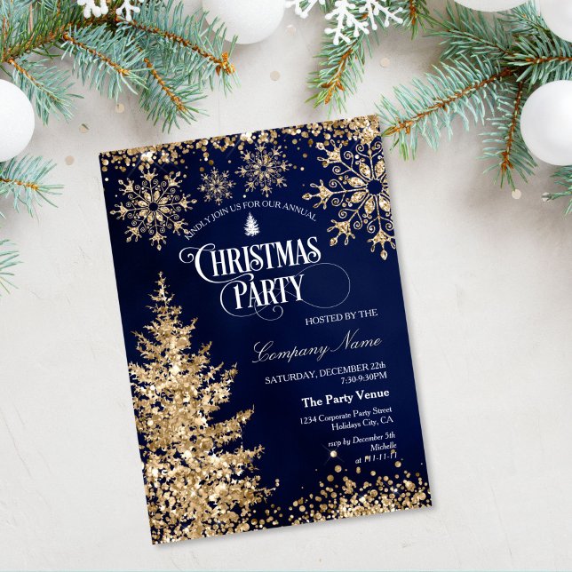 Classy Navy Gold Glitter Corporate Christmas Party Inbjudningar (gold glitter christmas tree on the navy blue background christmas party invitation)