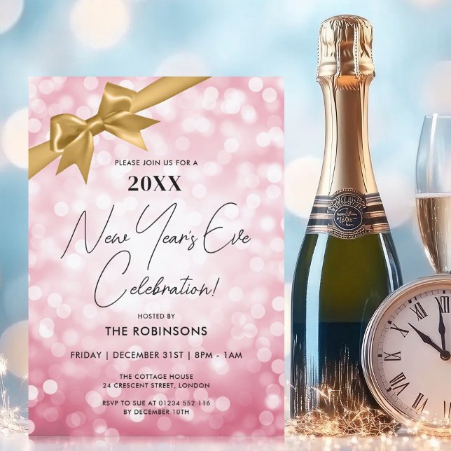 Classy Nyårsafton Party  Bokeh Guld Bow Inbjudningar (Classy New Years Eve Party Blush Bokeh Gold Bow Invitation)