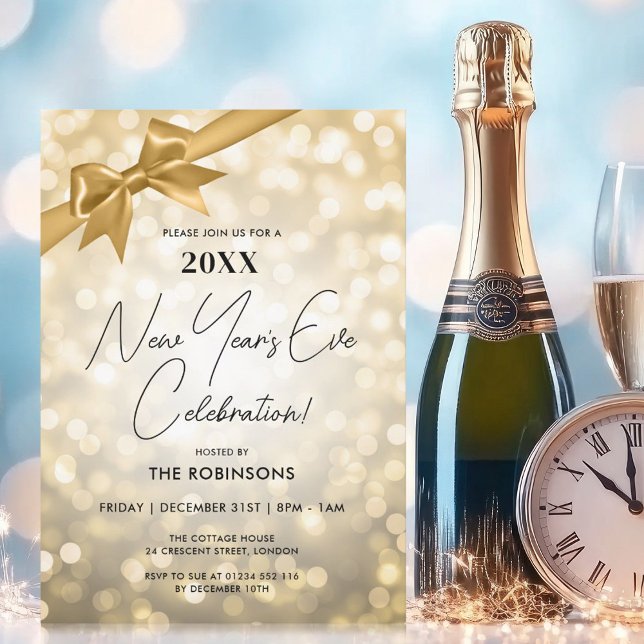 Classy Nyårsafton Party Guld Bokeh Bow Inbjudningar (Classy New Years Eve Party Gold Bokeh Bow Invitation)
