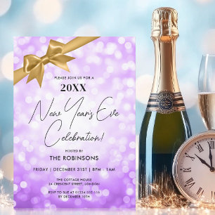 Classy Nyårsafton Party Lila Bokeh Guld Bow Inbjudningar