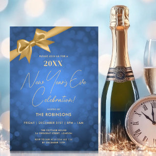 Classy Nyårsafton Party Navy Guld Bokeh Bow Inbjudningar