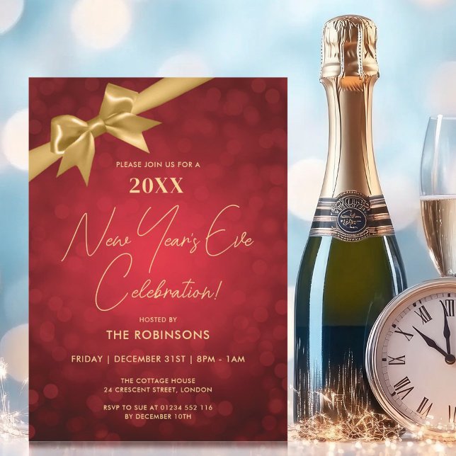 Classy Nyårsafton Party Red Guld Bokeh Bow Inbjudningar (Classy New Years Eve Party Red Gold Bokeh Bow Invitation)
