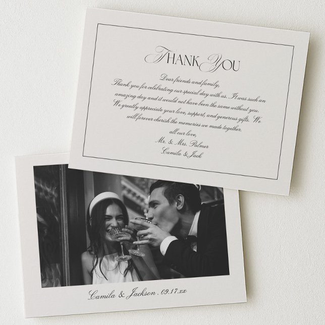 Classy Old Money Black and Ivory Wedding Photo Tack Kort (Skapare uppladdad)