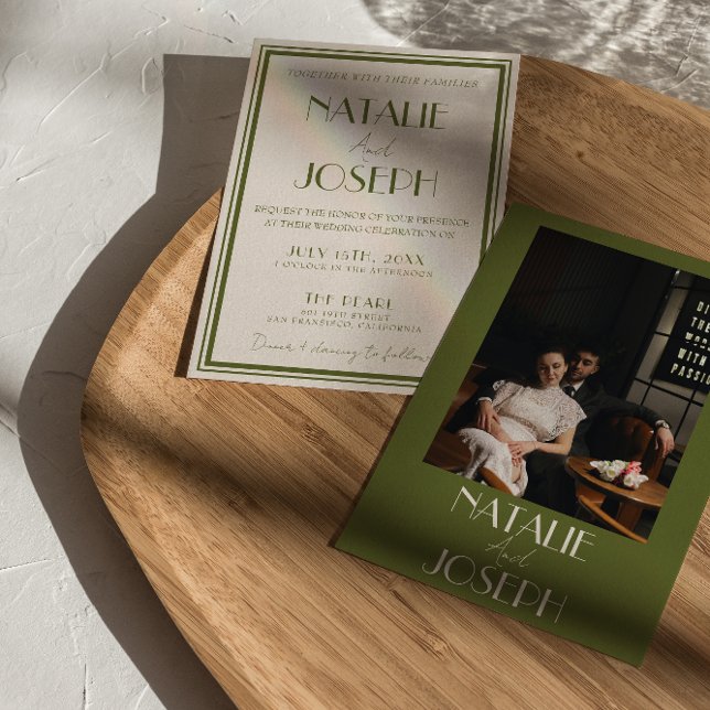 Classy Old Money Olive Green Luxury Photo Wedding Inbjudningar (Skapare uppladdad)