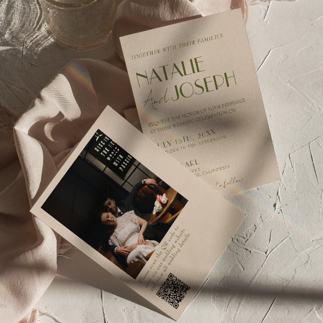 Classy Olive Green Old Money Photo QR Code Wedding Inbjudningar (Skapare uppladdad)