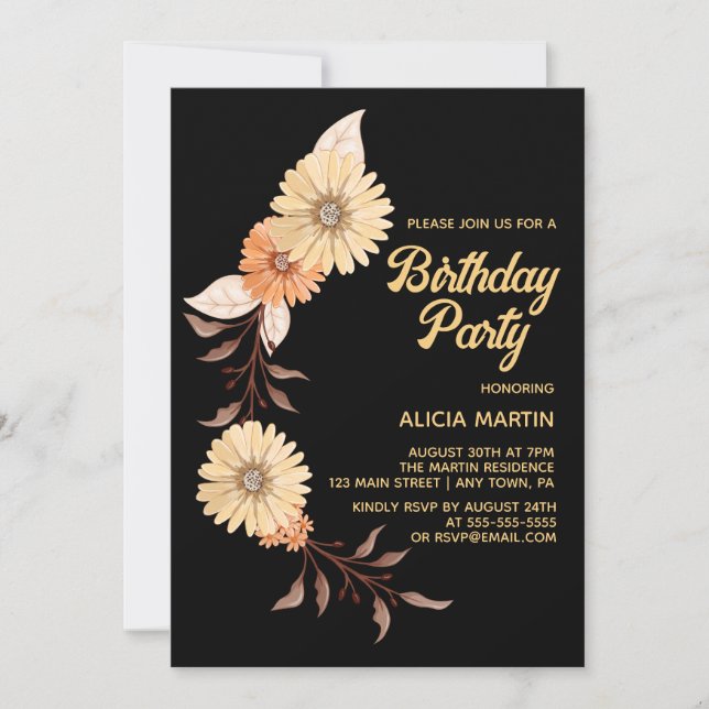 Classy Orange Flower Botanical Guld Black Birthday Inbjudningar (Framsida)