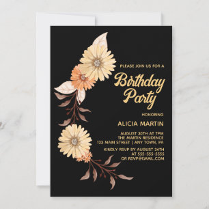 Classy Orange Flower Botanical Guld Black Birthday Inbjudningar
