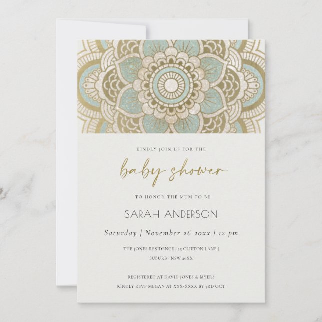 Classy Ornate Guld Teal Mandala Baby Shower Inbjud Tack Kort (Framsida)