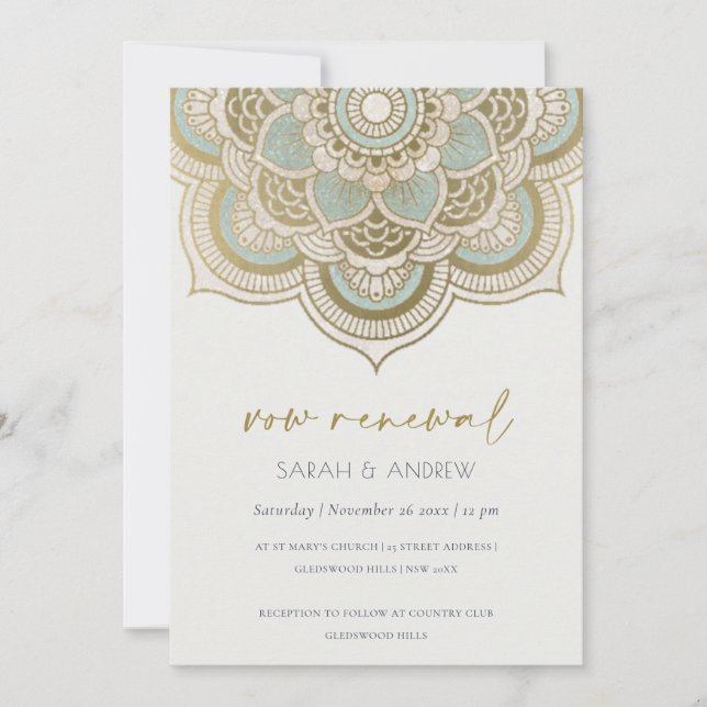 Classy Ornate Guld Teal Mandala Vow Renewal Inbjud Tack Kort (Framsida)