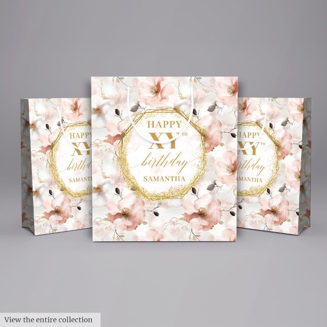 Classy Pastel Rosa Rustic Guld 80:e födelsedagen (Classy Pastel Pink Rustic Gold 80th Birthday Medium Gift Bag )