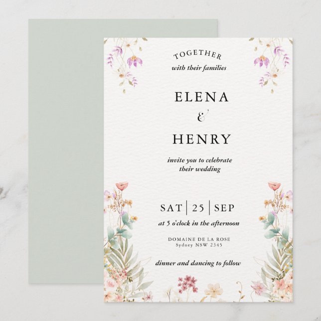 Classy Pastel WildblomSecret Garden Wedding Inbjudningar (Fram/baksida)