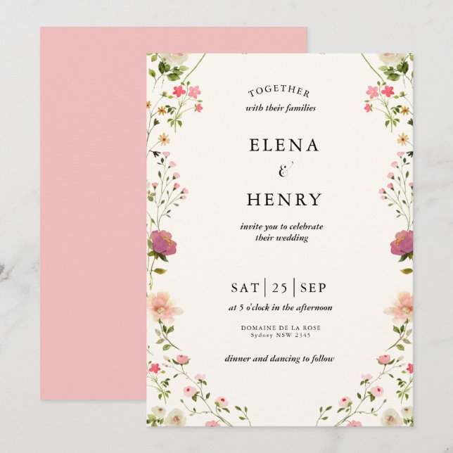 Classy Pastel WildblomSecret Garden Wedding Inbjudningar (Fram/baksida)