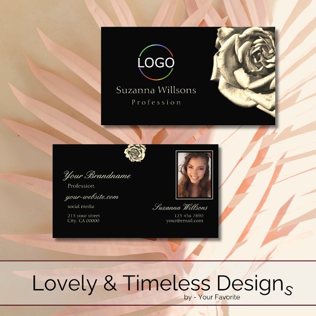 Classy Plain Black Beige Ro med Logotyp och foto Visitkort (Skapare uppladdad)