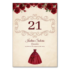 Classy Quinceanera Red Roses Floral Burgundy Bordsnummer