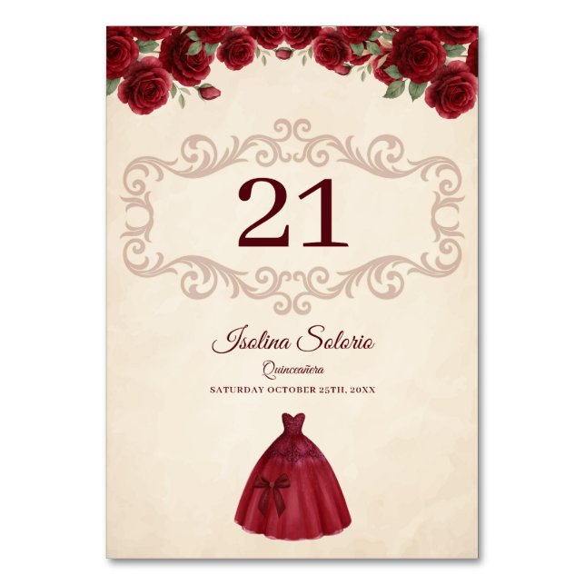 Classy Quinceanera Red Roses Floral Burgundy  Bordsnummer (Framsidan)