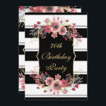 Classy Rand Blommigt Watercolor 70 Birthday Inbjudningar<br><div class="desc">Romantiska och klassiska kvinnomallar för födelsedagsfest. Med en söt bakgrundsbild av svart och vitt rand med ett guld gräns ram har mitten två vackra, böjda mattor i guld och svart färg med söt blommigtar för vattenfärg och händelsens titel. Den andra sidan har samma tryckta bilder som har blivit större för...</div>