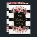 Classy Rand Blommigt Watercolor 70 Birthday Inbjudningar<br><div class="desc">Romantiska och klassiska kvinnomallar för födelsedagsfest. Med en söt bakgrundsbild av svart och vitt rand med ett guld gräns ram har mitten två vackra, böjda mattor i guld och svart färg med söt blommigtar för vattenfärg och händelsens titel. Den andra sidan har samma tryckta bilder som har blivit större för...</div>