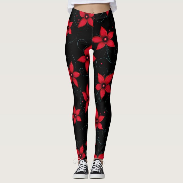 Classy Red Black Flowers Leggings (Framsida)