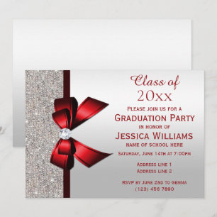 Classy Red Gem Bow, Silver Sequins Studenten Inbjudningar