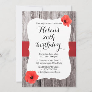 Classy Red Hibiscus Wood Background Födelsedagsfes Inbjudningar
