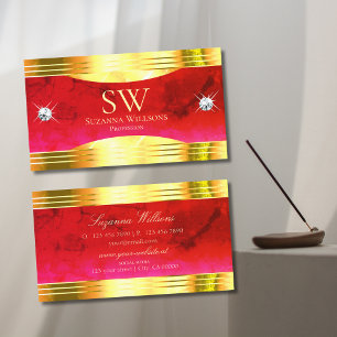 Classy Red Marble Shiny Guld Gräns med Monogram Visitkort
