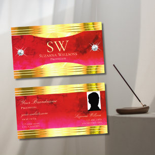Classy Red Marble Shiny Guld Monogram Photo Visitkort