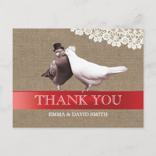 Classy Red Ribbon Love birds Burlap Tack Vykort