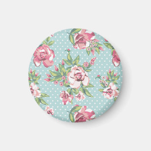 Classy retro blommönster söt polka dots blå magnet