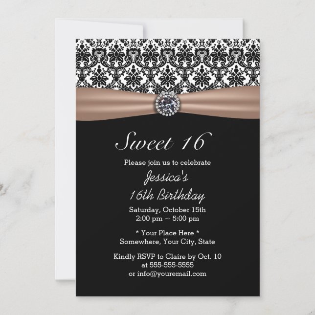 Classy Ribbon & Damask Diamond Sweet 16 Inbjudningar (Framsida)