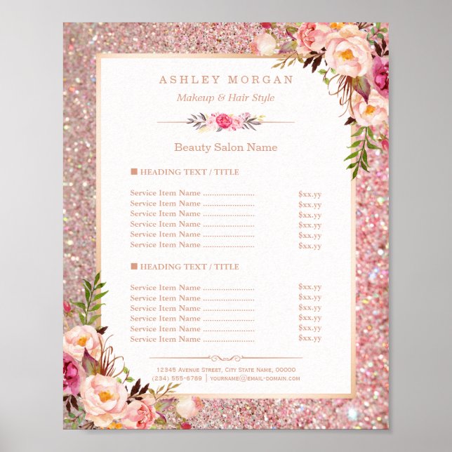 Classy Ro Guld Glitter Blommigt  Beauty Salon Menu Poster (Framsidan)