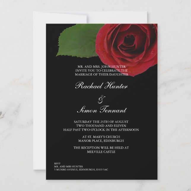 Classy Röd ros Bröllop Invititition - Black Inbjudningar (Framsida)